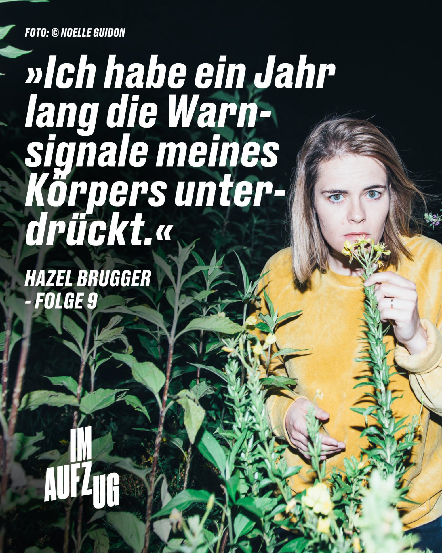 Portrait von Hazel Brugger, Zitattext: Ich habe ein Jahr lang die Warnsignale meines Körpers unterdrückt.